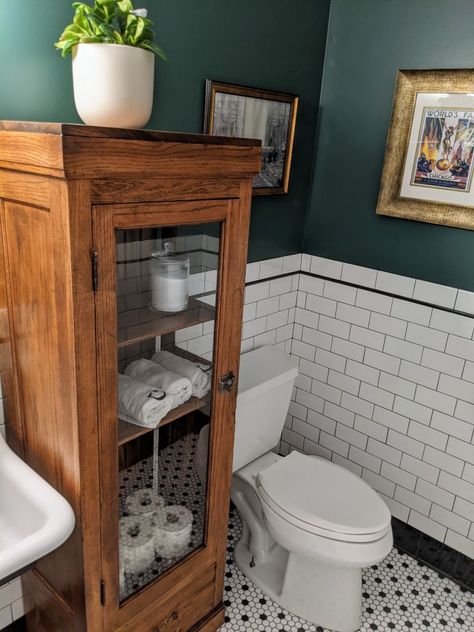 Windows For Bathrooms, Vintage Bathroom Renovations, Teal Green Tile Bathroom, Black Furniture Bathroom, Dark Vintage Bathroom Ideas, Small Colonial Bathroom, Masculine Vintage Bathroom, Vintage Green Interior, Vintage Black White Bathroom