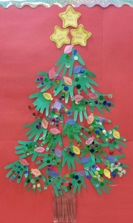 Handprint Christmas Tree Classroom Door, Christmas Tree With Handprints, Christmas Tree Hands, Hand Christmas Tree Craft For Kids, Class Christmas Tree, Hand Print Christmas Tree, Christmas Tree Handprint, Classroom Holiday Crafts, Hand Christmas Tree