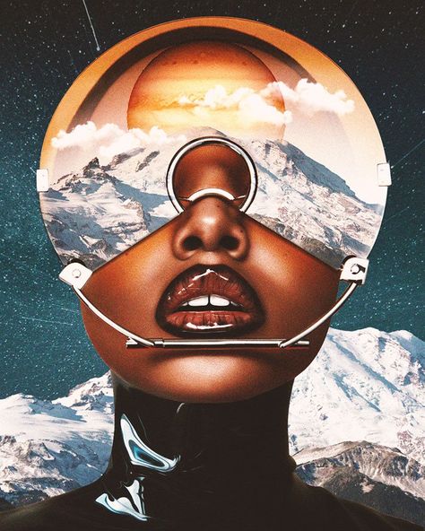 Autumn Keiko Polk Part of "The Landing" series 2019 Autumn Keiko Polk is a communication designer and art director based in Los Angeles, USA. One of her series, The Landing, is an Afrofuturism-inspired series of collages and photo manipulations. The series is a look at "the beauty of black women in a world outside of the one we are boxed into." The collages also take many visual cues from classic sci-fi book covers and film posters in the 70s and 80s. Artist Space, Afrofuturism Art, Futurism Art, Art Investment, Artistic Space, Afrocentric Art, Futuristic Art, Driving Force, Artwork Online