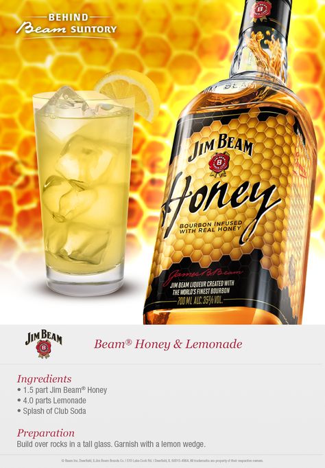 You won’t find this one at a lemonade stand. Go #BehindBeamSuntory w/this @JimBeam Honey Lemonade recipe Jim Bean, Whiskey Lemonade, Honey Cocktail, Honey Lemonade, Honey Whiskey, Bourbon Recipes, After Dinner Mints, Honey Drink, Yummy Alcoholic Drinks