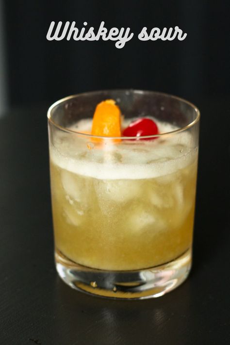 This classic whiskey sour cocktail uses bourbon, lemon juice, simple syrup, and an egg white(optional). White Whiskey Cocktails, Egg White Substitute, Whiskey Sour Cocktail, Sour Cocktail, Whiskey Sour, Bourbon Cocktails, Whiskey Cocktails, 100 Years Ago, Egg White