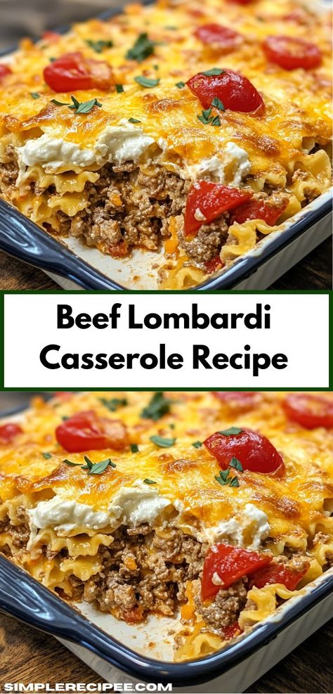 Craving a delicious and filling dish? This Beef Lombardi Casserole combines savory ground beef with pasta and cheese. Perfect for busy weeknights, this recipe makes for a quick and delightful dinner idea that even picky eaters will love. Gluten Free Casserole Recipes Beef, Easy Casserole Recipes With Ground Beef, Casserole Recipes For Dinner Ground Beef, Ground Meat Casserole Recipes, Casseroles Ground Beef, Beef Casserole Recipes For Dinner, Ground Beef With Pasta, Ground Beef Casserole Recipes For Dinner, Lombardi Casserole