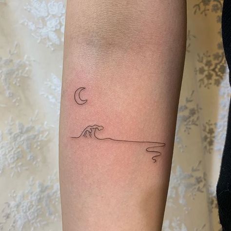 Moon and Sea Korean Sketch, Rib Tattoos For Women, Turtle Tattoo Designs, Sea Tattoo, Tattoos Inspiration, Handpoke Tattoo, Sun Tattoos, Waves Tattoo, Dainty Tattoos