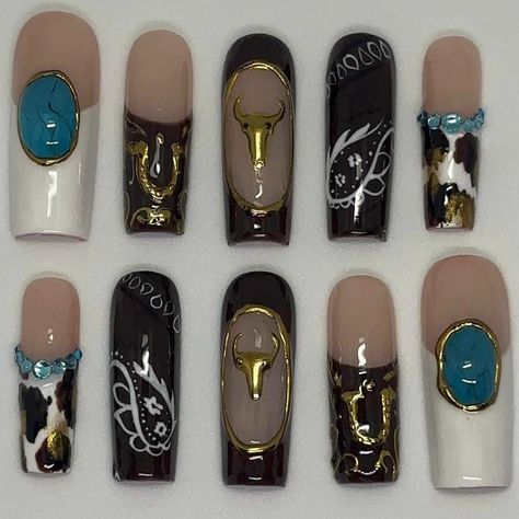 brown and white western nails perfect for the rodeo. includes 3d turquoise, gold horseshoe with pattern, gold bull head, bandanna pattern and cow print Keep in mind the camera makes the brown color look more darker. It is a chocolate brown color.  What comes in your package?? - your 10 piece nail set  - mini nail file  - mini buffer  - nail glue  - cuticle pusher  - adhesive tabs  - cuticle oil  - stickers  Keep in mind everything but the nails are free and will be given if available. There have Cowboy Carter Nails, Western Nails Turquoise, White Western Nails, Cowboy Nail Art, Turquoise Western Nails, Rodeo Nails Westerns, Nails Gold Accent, Head Bandanna, Gold Accent Nails