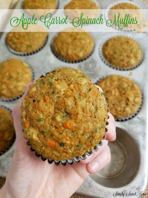 Apple Carrot Spinach Muffins Apple Spinach Muffins, Banana Carrot Spinach Muffins, Spinach Carrot Muffins, Baking With Spinach, Apple Carrot Spinach Muffins, Pumpkin Spinach Muffins, Spinach Muffins Healthy, Carrot And Spinach Recipes, Spinach Muffins Toddler