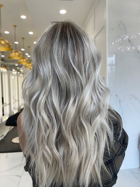 such a pretty color yall Silver Blonde With Lowlights, Silver Hair With Dimension, Silver Hair With Brown Lowlights, Ash Blonde For Fall, Fall Blonde Hair Ash, Platinum With Dark Lowlights, Ice Ash Blonde Hair, Ashy Icy Blonde Hair, Ash Roots Blonde Hair