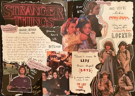 Stranger Things Scrapbook Ideas, Stranger Things Journaling, Journal Ideas Stranger Things, Reading Scrapbook Layouts, Stranger Things Journal Page, Stranger Things Journal Ideas, Stranger Things Scrapbook, Film Journal Ideas, Movies Journal