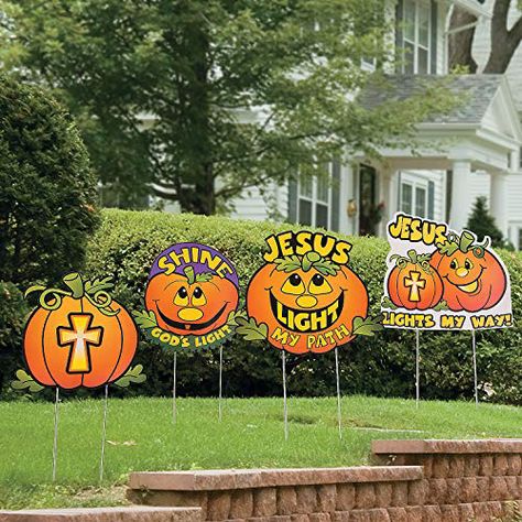 Fun Express - Christian Pumpkin Yard Stakes for Halloween - Party Decor - General Decor - Yard Signs - Halloween - 4 Pieces Christian Pumpkin, Halloween Yard Signs, Christian Halloween, Fall Carnival, Harvest Fest, Cute Halloween Decorations, Harvest Party, Fall Fest, Happy Birthday Jesus