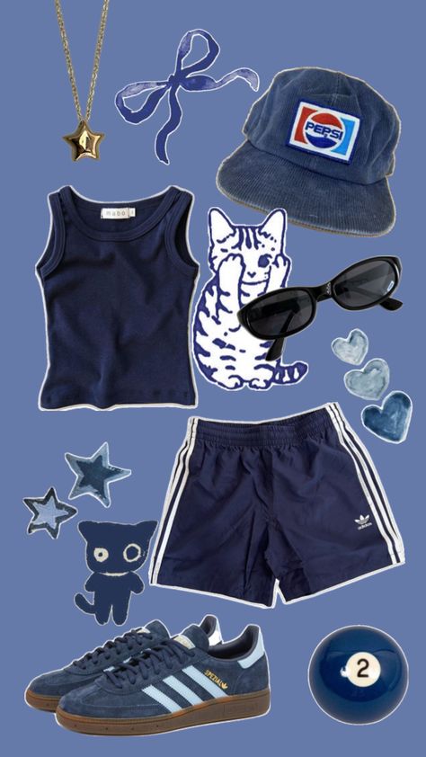 Gold Star Necklace Mabo Blue Top Adidas Vintage Shorts Blueberry Adidas Samba Black Sunglasses Pepsi Vintage Cap Adidas Shorts Outfit, Samba Black, Adidas Samba Black, Pepsi Vintage, Blueberry Girl, Gold Star Necklace, Sporty Girl, Adidas Vintage, Cute Lazy Day Outfits