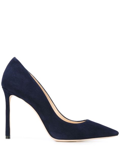 Classic and sultry, these navy goat suede Romy 100 pumps from Jimmy Choo are a wardrobe staple. These signature pumps have a subtlety pointed almond toe and slim delicate new style heel that is less severe, for true ladylike elegance. Featuring a pointed toe, a branded insole, a high stiletto heel and a leather sole. | Jimmy Choo Romy 100 pumps Abi Ball, Dark Blue Heels, Jimmy Choo Romy 100, Navy Blue Pumps, Navy Pumps, Zanotti Heels, Navy Blue Heels, Navy Heels, Jimmy Choo Romy