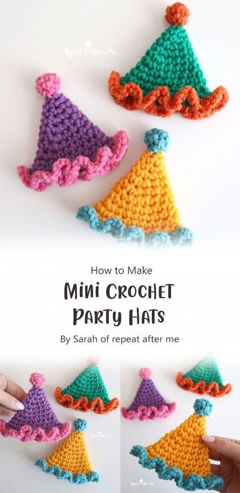 Mini Party Hats, Crochet Party, Crochet Fall Decor, Repeat After Me, Hat Patterns Free, Crochet Hat Free, Mini Crochet, Easy Crochet Projects, Crochet Hats Free Pattern