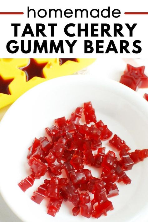 Tart cherry gummy bears in a white bowl next to a gummy bear mold. Tart Cherry Gummies, Cherry Gummies, Homemade Gummy Bears, Gummy Snacks, Healthy Gummies, Homemade Gummies, Gummies Recipe, Bear Recipes, Tart Cherry Juice