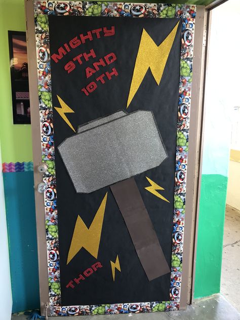 Superhero Classroom Door Decorations, Marvel Classroom, Superhero Classroom Door, Superhero Door, Marvel Ideas, Thor Avengers, Superhero Decorations, Boy School, Superhero Classroom