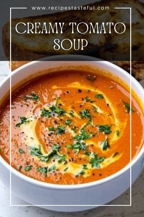 This Creamy Tomato Soup is the perfect comfort food, paired with a classic Grilled Cheese Sandwich. Easy to make and incredibly satisfying, this duo is ideal for cozy meals or any time you're craving something warm and delicious. Grilled Cheese And Tomato Bisque, Creamy Tomato Soup With Canned Tomatoes, Soups With Grilled Cheese, Grilled Cheese And Tomato Soup Recipe, Cream Of Tomato Soup Recipe, Tomato Soup With Cream Cheese, Tomato Soup With Grilled Cheese, Crispy Grilled Cheese, Soup With Grilled Cheese