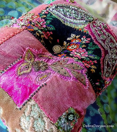 Opulent Pink Velvet Cushion by Debra Dorgan, Australia. (allthingspretty on Etsy). Boho Chic Pillow, Patchwork, Antique Embroidery, Antique Velvet, Vintage Velvet, Small Pillow, Bohemian, Gypsy, Home Decor, Cushion Velvet Patchwork, Velvet Decor, Pillow Storage, Crazy Quilt Stitches, Patchwork Embroidery, Antique Embroidery, Small Pillow, Chic Pillows, Types Of Embroidery