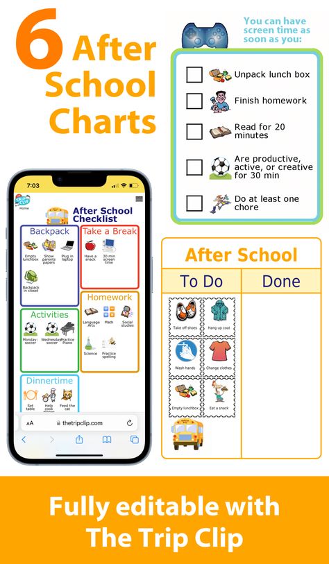 No after school checklist will work for all kids at all ages. That’s why The Trip Clip has a lot of options to let parents customize the format, pictures, and text as their kids grow. After School Checklist For Kids, After School Checklist, Homework Chart, Checklist For Kids, Homework Activities, Back To School Checklist, School Checklist, School Picture, School Paper