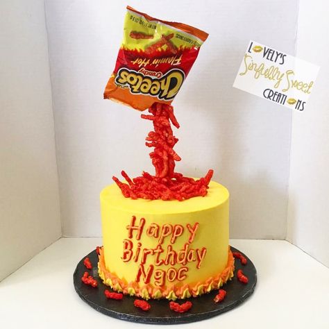 Hot Cheetos gravity cake Hot Cheetos Cake Ideas, Takis Cake Ideas, Hot Cheetos Cake, Anti Gravity Cake, Number Birthday Cakes, 14th Birthday Cakes, 8th Birthday Cake, Gravity Cake, Hot Cheetos