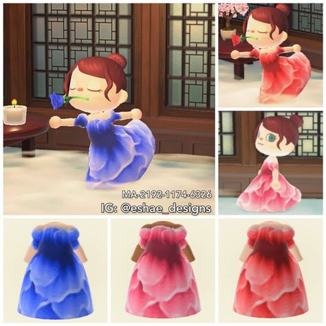 Eshae on Instagram: “- Rose Petals - Two recolors of my pink Rose Petals dress were commissioned and made available publicly! It now comes in Red and Blue, in…” Rose Petal Dress, Petals Dress, Pink Rose Petals, Clothing Codes, Roses Only, Acnh Clothes, Animal Crossing Funny, Animal Crossing Fan Art, Animal Crossing Memes