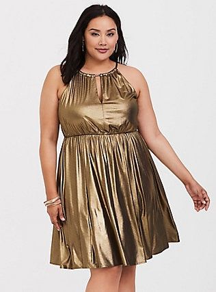 Gold Shimmer Halter Skater Dress, GOLD SHINE Studio 54 Party Outfits, Plus Size Tips, Shimmer Fabric, Dress Gold, Dress Images, Plus Size Beauty, Torrid Dresses, Plus Size Kleidung, Plus Size Skirts