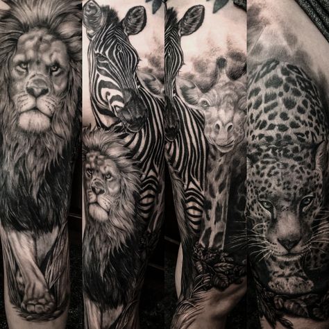 safari animal leg tattoo Safari Tattoo, Zebra Tattoos, Leopard Print Tattoos, Octopus Tattoo Sleeve, Jungle Tattoo, Africa Tattoos, Animal Sleeve Tattoo, Gem Tattoo, Leopard Tattoos