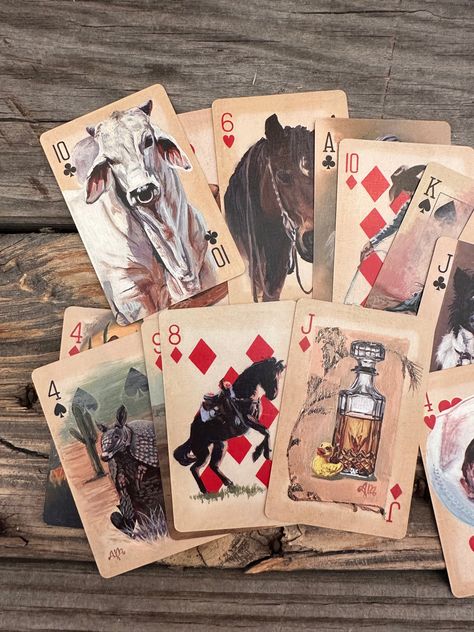 Western Aesthetic Home Decor, Painting Deck Of Cards Ideas, Western Deck Of Cards, Art For Men, Painting On Cards Deck, Painted Cards Deck, Western Business Cards, Deck Of Cards Painting, Painted Deck Of Cards