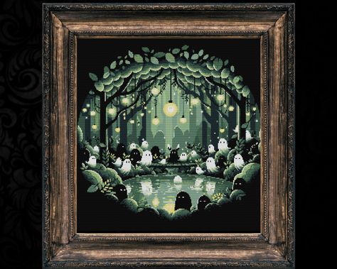 Embrace the enchanting allure of the supernatural with our Ghosts in the Woods Gothic cross stitch pattern. This design captures the essence of a dark, mystical forest teeming with adorable yet eerie spirits, making it the perfect addition to your spooky and witchy cross stitch collection. In the heart of a moonlit forest, surrounded by ancient trees and glowing lanterns, a host of whimsical ghosts gather around a reflective pond. This scene is a blend of the cute and the macabre, making it a de Whimsical Cross Stitch, Witchy Cross Stitch Patterns, Dark Cross Stitch, Horror Cross Stitch, Spooky Cross Stitch, Ghost Cross Stitch, Gothic Cross Stitch, Geeky Cross Stitch Patterns, Creepy Funny