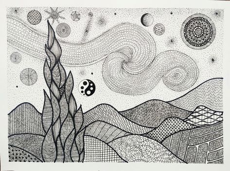 This painting is starry night's zentangle version created in lines and curves imitating the original painting's brush strokes. Lines And Curves Drawings, Curved Lines Drawing, Starry Night Line Art, Pattern Design Drawing, Drawn Icons, Dancer Photography, Sharpie Crafts, Drawing Patterns, Zentangle Pattern