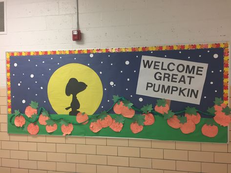 Charlie Brown Great Pumpkin Bulletin Board, Great Pumpkin Charlie Brown Bulletin Board, Great Pumpkin Charlie Brown Halloween Decorations, Peanuts Fall Bulletin Board, Pumpkin Themed Classroom Door, Great Pumpkin Door Decorating, Great Pumpkin Bulletin Board, Snoopy Halloween Bulletin Board, Charlie Brown Halloween Decor