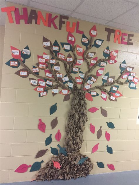 Tree of Thanks - inspired for Thanksgiving                                                                                                                                                                                 More Thanksgiving Decorations For School Cafeteria, Fall Employee Bulletin Boards, Thanksgiving Employee Appreciation, Office Thanksgiving Decorations, Thanksgiving Ra Bulletin Boards, Ra Thanksgiving Bulletin Boards, Thanksgiving Bulletin Board Ideas Ra, Secret Class, Tree Of Thanks