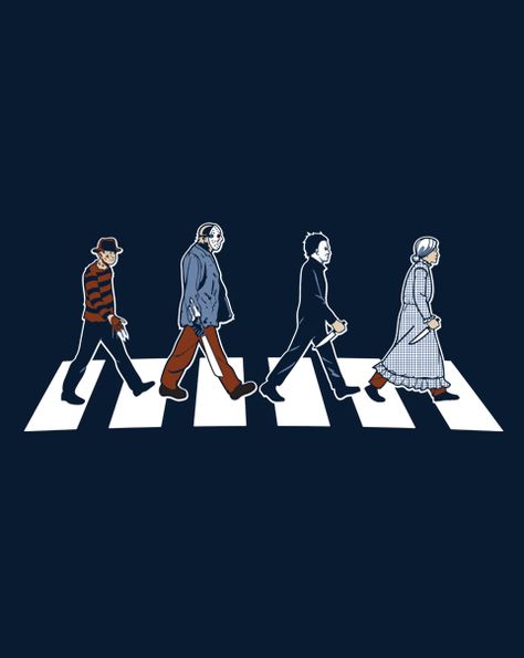 "Slasher Road" tee available 10/14/12 on shirtpunch.com. Very cool spoof of The Beatles' famed ABBEY ROAD album cover. Features Norman Bates, Michael Myers, Jason & Freddy. Nice work by KAL5000! Horror Fanatic, Horror Monsters, Horror Themes, Funny Horror, Horror Movie Art, Horror Icons, Horror House, Horror Movie Characters, Jason Voorhees