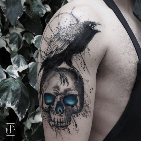 Raven with Skull.Best one i ever got.. Raven On A Skull Tattoo, Raven And Skull Tattoo, Crow Tattoo Meaning, Raven Skull Tattoo, Skull Tattoo Designs, Deep Tattoo, Crow Tattoo Design, 2023 Tattoo, Web Tattoo