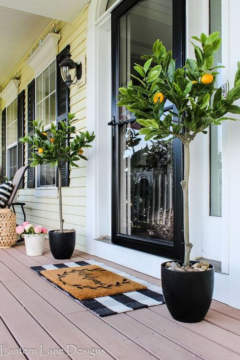 Come see my summer front porch decor ideas! I’m sharing how I dressed up my front porch this year with summer flowers, lemon trees, outdoor pillows and more #frontporch #outdoordecor Lemon Tree Front Porch, Fireplace Treatments, Cozy Porches, House Entryway, Decorating Porch, Summer Front Porch Decor, Front Landscape, Yard Inspiration, Farmhouse Style Lighting