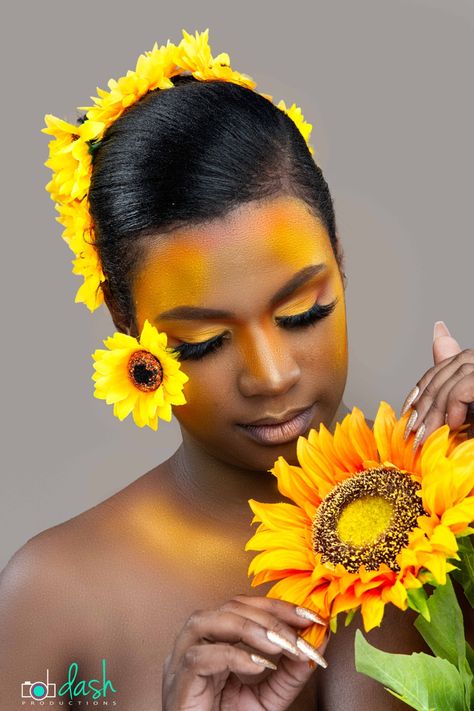 Sunflower Makeup Looks, Sunflower Eye Makeup, Sunflower Inspired Makeup, Sunflower Fairy Costume, Sunflower Editorial Fashion Photography, Flower Makeup, Queen Makeup, Fairy Makeup, Inspired Makeup