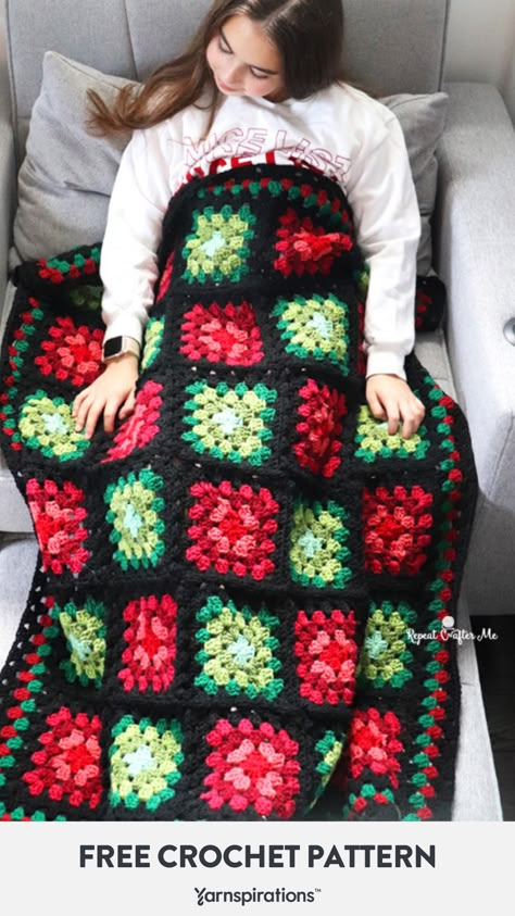 Granny Square Christmas Crochet Blanket free pattern by Repeat Crafter Me using Red Heart All-in-One Granny Square Yarn. Free crochet blanket pattern made of 30 granny squares. Free crochet Christmas blanket. Granny Square Crochet Pattern Blanket, Crochet Christmas Blanket, Granny Square Christmas, Crochet Blanket Free Pattern, Granny Square Blanket Pattern, Crochet Blanket Free, 2024 Crochet, Granny Square Pattern Free, Christmas Crochet Blanket