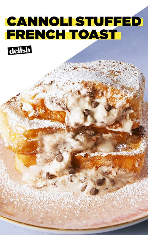 This French toast is STUFFED with cannoli cream. Get the recipe at Delish.com. #recipe #easyrecipe #brunch #breakfast #dessert #cannoli #cream #chocolate #easy #frenchtoast Ihop French Toast, Easy Stuffed French Toast, Brunch Quotes, Breakfast French Toast, French Toast Brunch, Stuffed French Toast Cream Cheese, French Toast Roll Ups, French Toast Rolls, Nutella French Toast