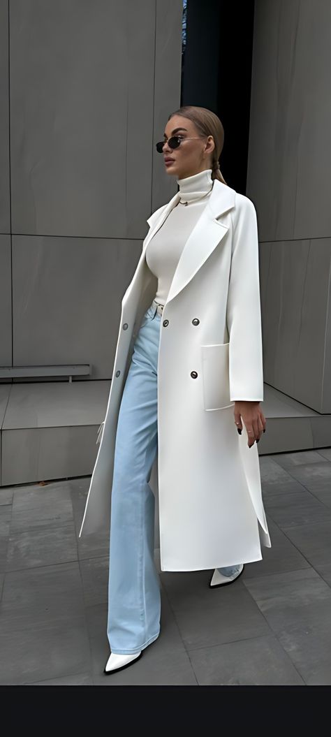 Refined Casual Outfits, Classy Coat Outfit, Winter Trench Coat Women Outfit Ideas, White Leather Coat Outfits, Airport Outfit Winter Black Women, Soft Neutral Outfit, Monochrome Winter Outfits, Courthouse Outfit Women, Jeans And Trench Coat Outfit