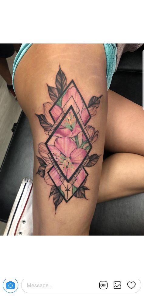 Geometric Thigh Tattoo, Tattoo Ideas Female Thigh, Second Tattoo, Tattoo Thoughts, Japanese Blossom, Thigh Piece, Thigh Tattoos, Blossom Tattoo, Cherry Blossom Tattoo