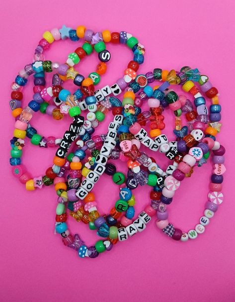 mixture of clay, pony, and acrylic beads. Clown Kandi Bracelet, Rave Kandi Ideas Edm, Clown Kandi, Kandi Kids, Rave Kandi Ideas, Y2k Scene, Kandi Inspo, Diy Kandi Bracelets, Pony Bead Bracelets