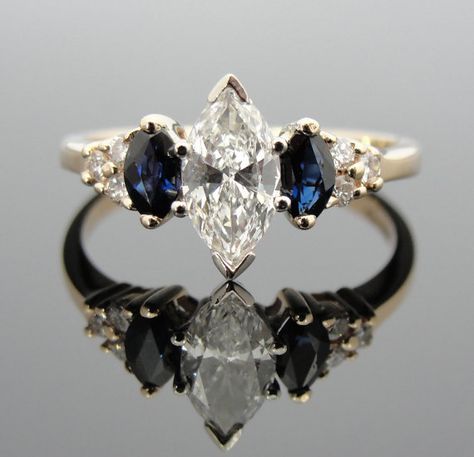 Vintage Ladies Marquis Diamond Three Stone and Sapphire Engagement Ring RGDI550D Marquis Diamond, Engagement Rings Diamond, Rings Diamond, Rings Engagement, Mystic Topaz, Bling Rings, Renovation Ideas, Marquise Diamond, Halo Diamond Engagement Ring