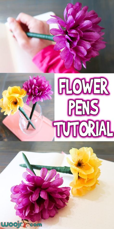 Flower Pens Tutorial Mops Crafts, Pen Toppers, Easy Flowers, Pen Craft, Flower Pens, Pen Diy, Floral Tape, Cadeau Diy, Flower Diy Crafts