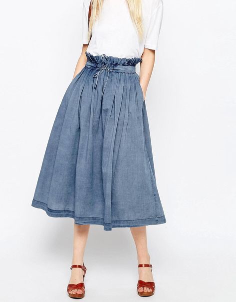 Image 4 of ASOS Denim Paper Bag Waist Midi Skirt Paper Bag Skirt, Denim Paper, Timeless Outfits, Denim Skirt Outfits, Modest Clothing, Pleated Midi Skirt, Modest Outfits, Skirt Outfits, Get Dressed