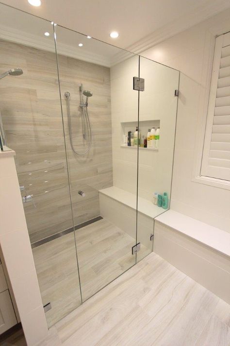 Double Shower With Bench Seat, Double Shower With Seat, Double Shower With Bench, Double Shower Bathroom, Double Shower Ensuite, Tiled Shelf, Wood Look Tile Bathroom, Caesar Stone, Wood Tile Bathroom