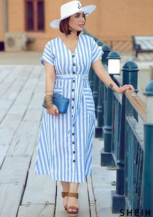 Cheap Button Through Patch Pocket Striped Midi Dress for sale Australia | SHEIN Makeup Contouring, Dresses 2023 Summer, Navy Shirt Dress, Striped Dress Summer, Effortlessly Chic Outfits, Modesty Fashion, Fancy Dress Design, African Print Fashion Dresses, Classy Casual Outfits