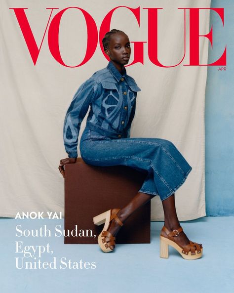 Anok Yai for Vogue, April 2020. Alberta Ferretti jacket and jeans. Prada sandals.Photographed by Tyler Mitchell, Vogue, April 2020 Brand Portraits, Tyler Mitchell, Anok Yai, American Vogue, Black Magazine, Cover Inspiration, Vogue Magazine Covers, Fashion Magazine Cover, Vogue Us