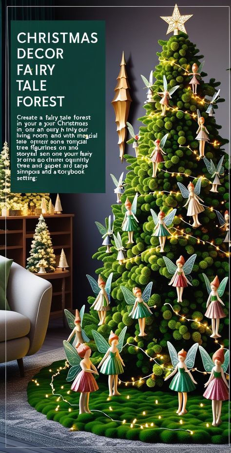 Create a fairy tale forest in your living room with whimsical tree decorations, fairy figurines, and a carpet of green moss and tiny lights for a magical storybook setting.
#FairyTaleForest #WhimsicalDecor #StorybookChristmas Fairy Tale Christmas Tree, Fairy Tale Christmas, Light Up Presents, White Tinsel, Whimsical Tree, Fairy Tale Forest, Fairy Tree, Fairy Figurines, Indoor Christmas