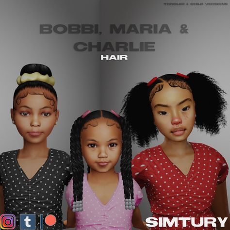 Bobbi, Maria & Charlie Hairstyles Toddler & Child Versions Available DOWNLOAD HERE Afro Hair Sims 4 Cc, Toddler Hair Sims 4, Sims 4 Afro Hair, Sims Baby, Sims 4 Challenges, Sims 4 Black Hair, Sims 4 Cc Kids Clothing, Play Sims 4, The Sims 4 Pc