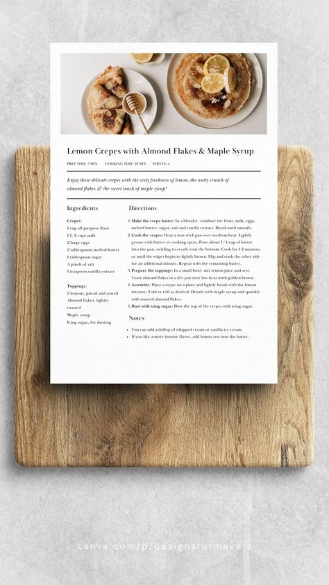 Black and White Classic Simple Minimal Recipe Card Recipe Card Graphic Design, Canva Recipe Template, Recipe Ebook Template, Goodnotes Recipe Template Free, Recipe Page Design, Cookbook Design Template, Recipe Templates Free, Recipe Card Design, Cookbook Layout