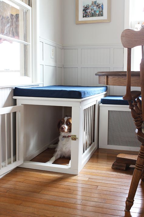 DIY Built in dog cage Built In Dog Cages, Ikea Hol Dog Crate, Night Stand Dog Crate, Dog Kennel Built In, Hidden Dog Crate, Built In Dog Kennel, Built In Dog Crate, Room For Pets, Dog Crate Ideas