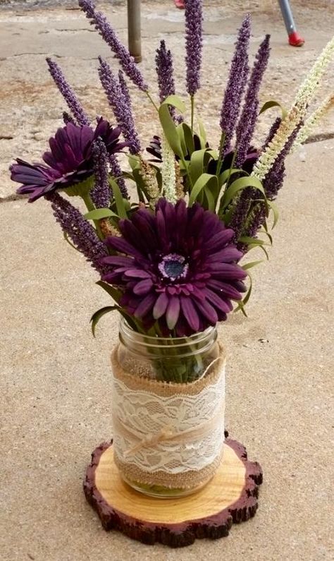 Adorable centerpiece Flower Mason Jar Centerpieces, Purple Wedding Centerpieces, Wedding Flower Guide, Plum Wedding, Jar Centerpieces, Burlap And Lace, Flower Guide, Washington Wedding, Flowers Ideas