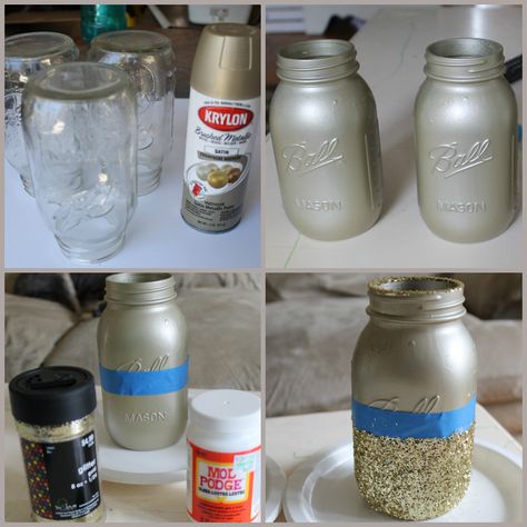 Graduation Mason Jars, Glitter Mason Jars, Glitter Spray, Diy Glitter, Diy Father's Day Gifts, Mason Jar Crafts Diy, Glitter Dipped, Mason Jar Centerpieces, Shower Centerpieces